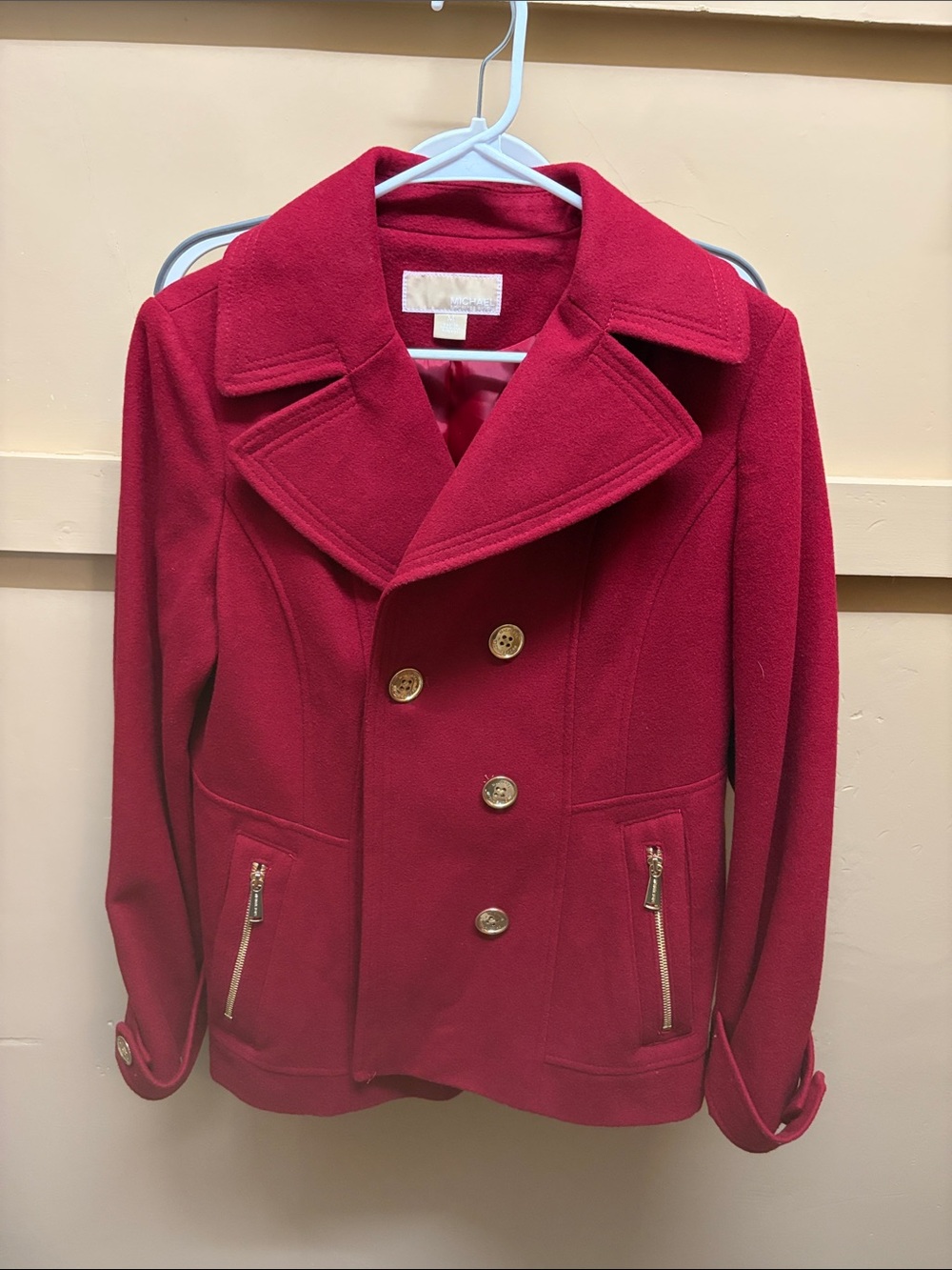 MICHAEL Michael Kors Crimson Red Double-Breasted Pea Coat with Gold Hardware